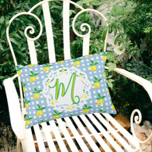Preppy Yellow Lemons Blauw Wit Check Monogram Accent Kussen