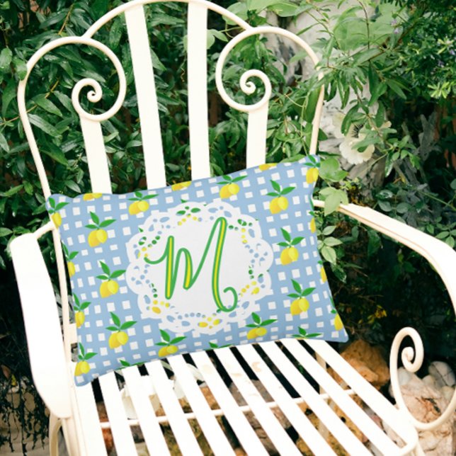 Preppy Yellow Lemons Blauw Wit Check Monogram Accent Kussen (Monogram for someone special!)