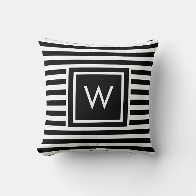 Preppy zwart-wit gestreepte monogram kussen (Voorkant)