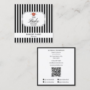 Preppy Zwart & Wit Strepen Bakkerij Logo QR Code Vierkante Visitekaartje