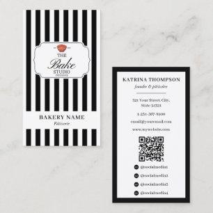 Preppy Zwart Witte Strepen Bakkerij Logo QR Code Visitekaartje