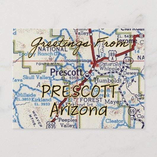 Prescott AZ  Map Briefkaart (Voorkant)