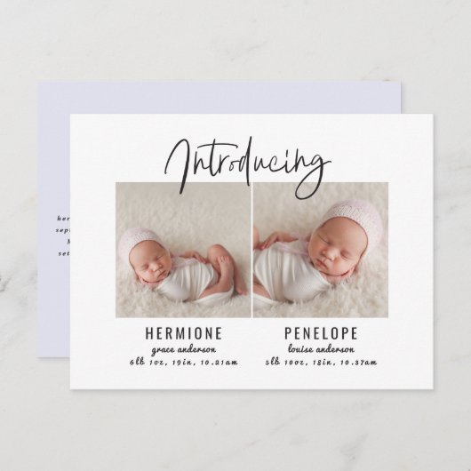 Présentation de faire-part de naissance jumeaux (Devant / Derrière)