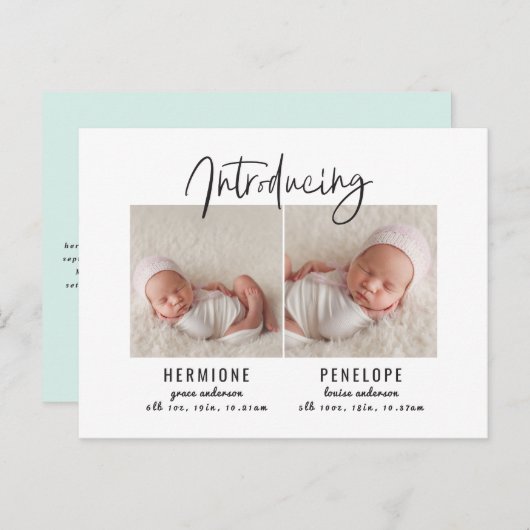 Présentation de faire-part de naissance jumeaux (Devant / Derrière)