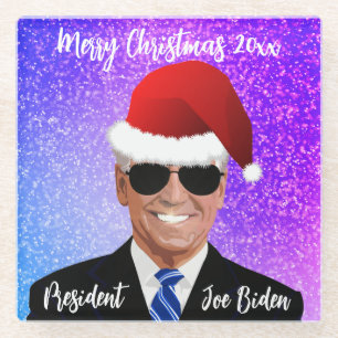 President Joe Biden en Santa Hat Glazen Onderzetter