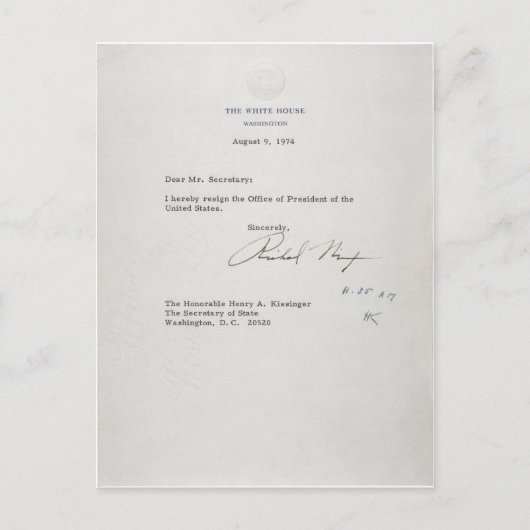 President Richard M. Nixon — Ontslagbrief Briefkaart (Voorkant)