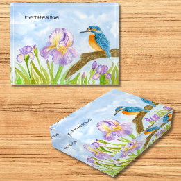 Presse-papiers Martin-pêcheur à l'aquarelle avec iris violets 