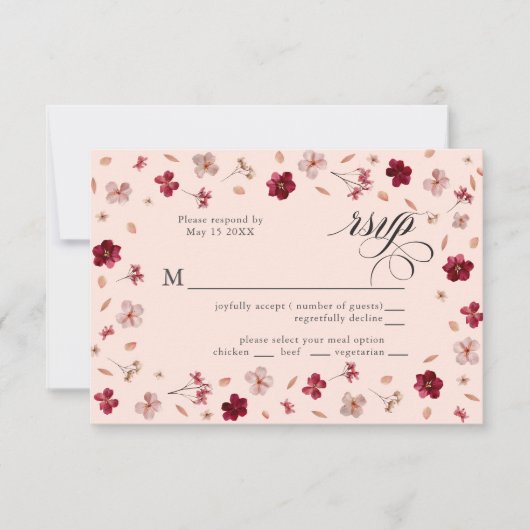 Pressé rose rouge et crème, carte de réponse flora (Devant)