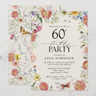 Pressed Flowers 60e Verjaardagsfeestje Elegant Pin Kaart