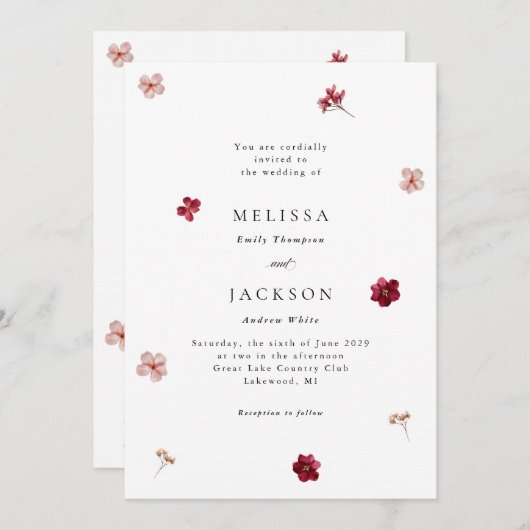 Pressed Red Pink and Cream, floral Wedding Invitat Kaart (Voorkant / Achterkant)