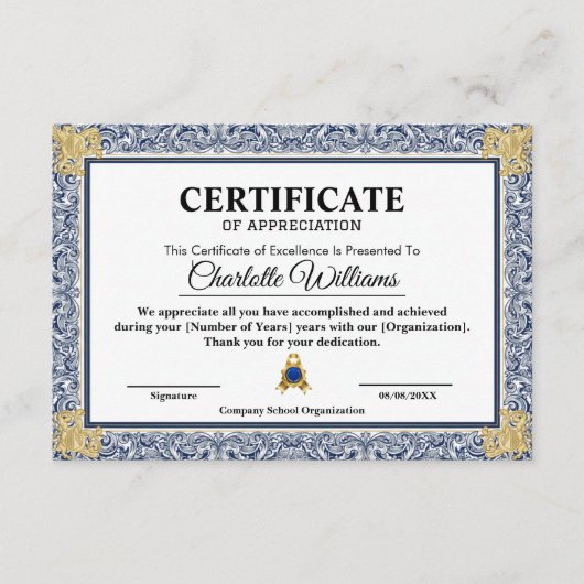 Prestatie Erkenning Goud Blauw Certificaat (Voorkant)