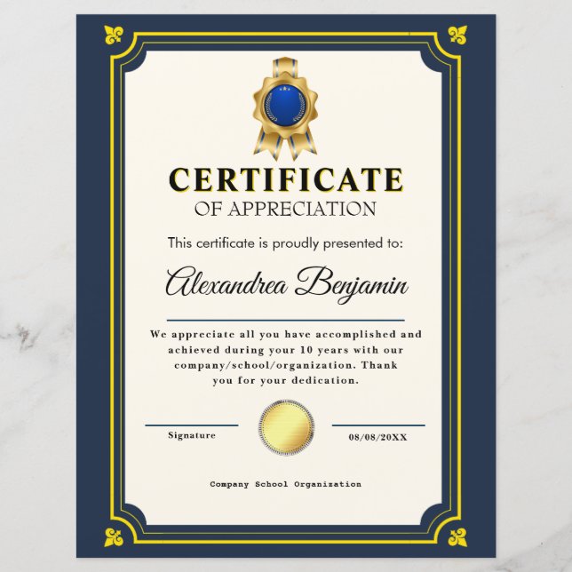 Prestatie Waarderen Goud Blauw Certificaat (Voorkant)