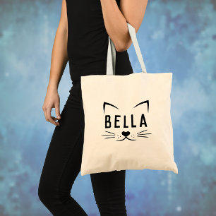 Pret Cat Gezicht met Aangepaste Naam Canvas Tote Bag