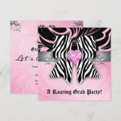 Pret Verjaardagsfeest Uitnodiging Zebra Strik Roze (Voorkant / Achterkant)