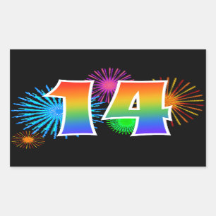 Pret vuurwerk + regenboogpatroon "14" Evenement Nu Rechthoekige Sticker