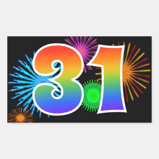 Pret vuurwerk + regenboogpatroon "31" Evenementnum Rechthoekige Sticker (Voorkant)