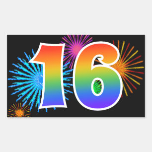 Pretbed Pyro + Regenboog Patroon "16" Evenement Nu Rechthoekige Sticker