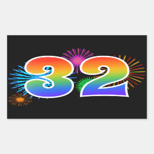 Pretbed pyrotechnisch + regenboogpatroon "32" even rechthoekige sticker