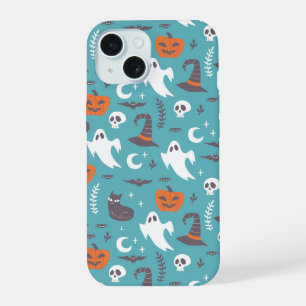 Pretentieloos Turquoise Teken Halloween Patroon iPhone 15 Hoesje