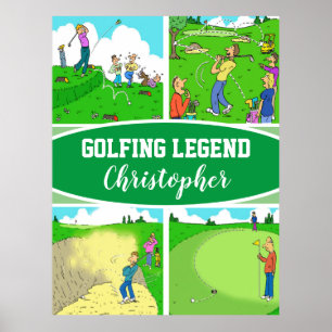 Pretentieloze cartoons voor een golflégende poster