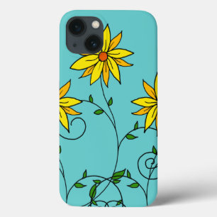 Pretentieloze vrolijke gele bloemen Doodle Kunst iPhone 13 Hoesje