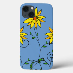 Pretentieloze vrolijke gele bloemen Doodle Kunst iPhone 13 Hoesje
