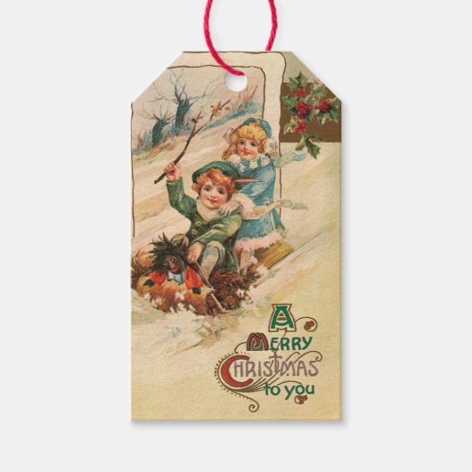 pretkerst, kinderen in slee cadeaulabel (Voorkant)