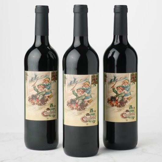 pretkerst, kinderen in slee wijn etiket (Flessen)