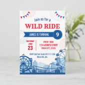 Pretpark verjaardagsuitnodiging kaart (Staand voorkant)