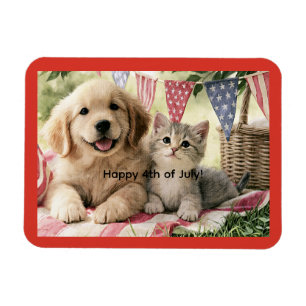 Prettig 4 juli, schattige puppy en tabby kat, magneet