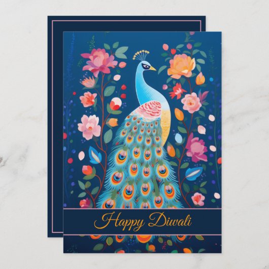 Prettig Divali Pauw en Bloemen Kaart (Voorkant / Achterkant)