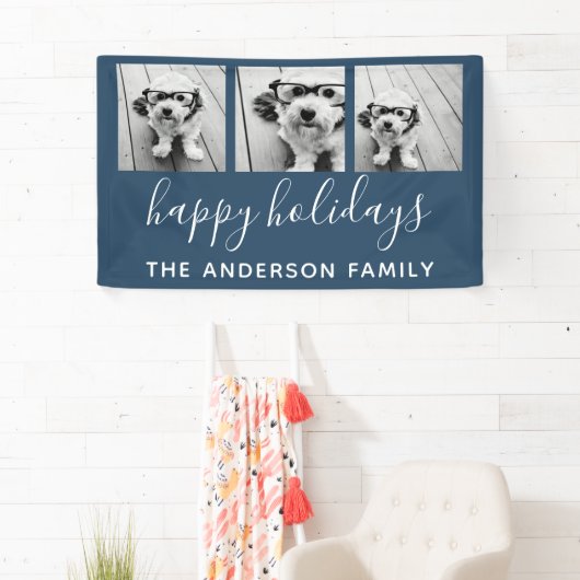 Prettig feest 3 foto's - Kan KLEUR navy wijzigen Spandoek (Insitu)