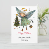 Prettig feest met grillige engel en boom feestdagenkaart (Staand voorkant)