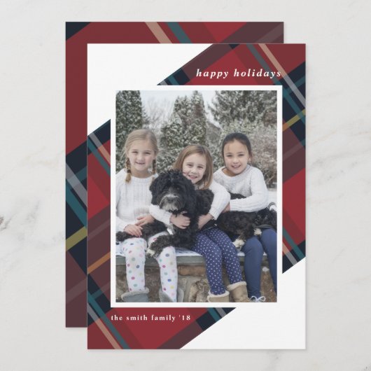 Prettig feestelijk rood en blauw geruit kerstfoto feestdagenkaart (Voorkant / Achterkant)