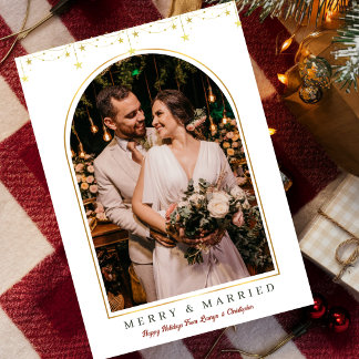 Prettig Getrouwd Gouden Sterren Boog Foto Kerstmis Feestdagenkaart
