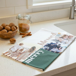 Prettig & Gezegend Familie Kerst Foto Groen Theedoek