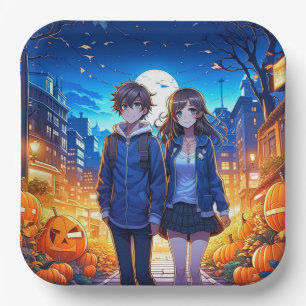 Prettig Halloween Anime-koppel houdt elkaars han Papieren Bordje