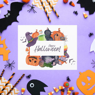 Prettig Halloween Aquarel Heksenhoed en Kat Feestdagenkaart