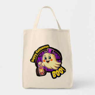 Prettig Halloween BOO! Schattig Retro Spookje met Tote Bag