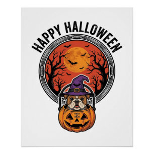 Prettig Halloween Bulldog Heks Pompoen Vintage T-s Perfect Poster