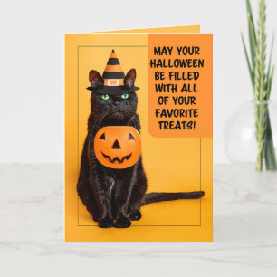 Prettig Halloween Grappige Zwarte Kat in Heksenhoe Feestdagen Kaart
