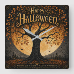 Prettig Halloween Griezelige Boom Volle Maan Gotis Vierkante Klok