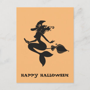 Prettig Halloween Heks Zeemeermin op Bezem Ansicht Briefkaart