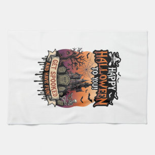 Prettig Halloween jij Geheime Huis Skelet Vleermui Theedoek