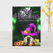 Prettig Halloween Kleine Heks Kabouter Kaart (Gele Bloem)
