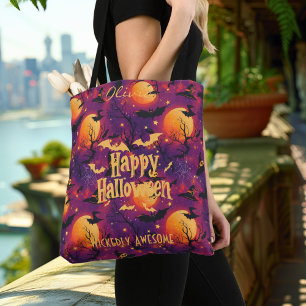 Prettig Halloween – Paarse Maan, Vleermuizen & Boo Draagtas