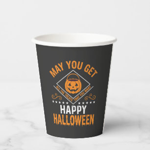 Prettig Halloween Pompoen Behandelingen Vectorontw Papieren Bekers