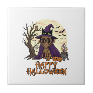 Prettig Halloween Pugs Heksenhoed Ketel Pompoenen_ Tegeltje