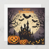 Prettig Halloween - Spookhuis, Pompoenen en Vleerm Feestdagenkaart (Voorkant / Achterkant)