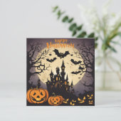 Prettig Halloween - Spookhuis, Pompoenen en Vleerm Feestdagenkaart (Staand voorkant)